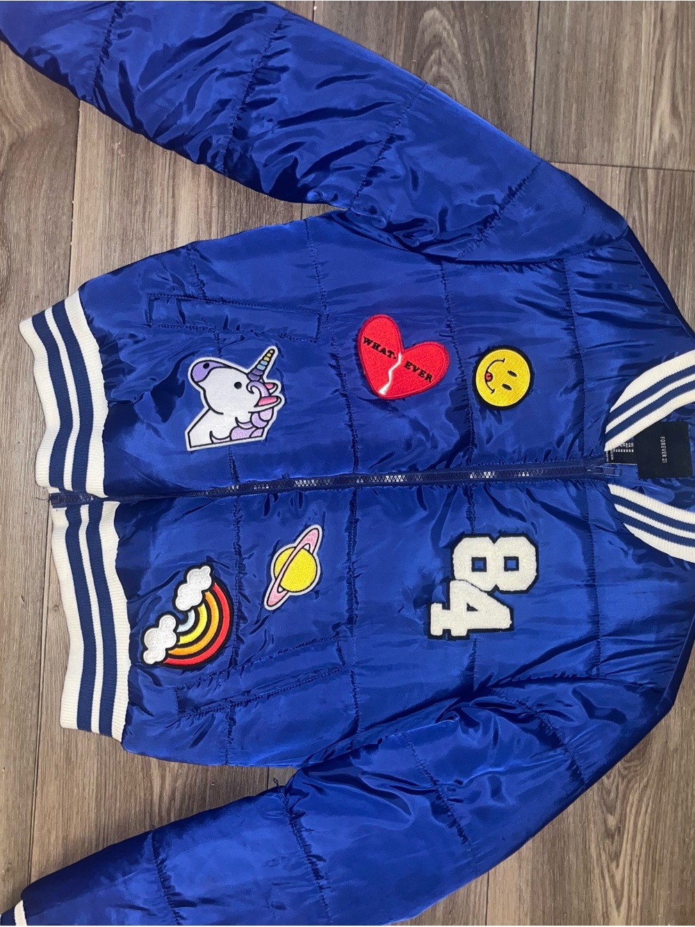Forever 21 Kids Royal Blue Puffer Jacket with Playful Patches